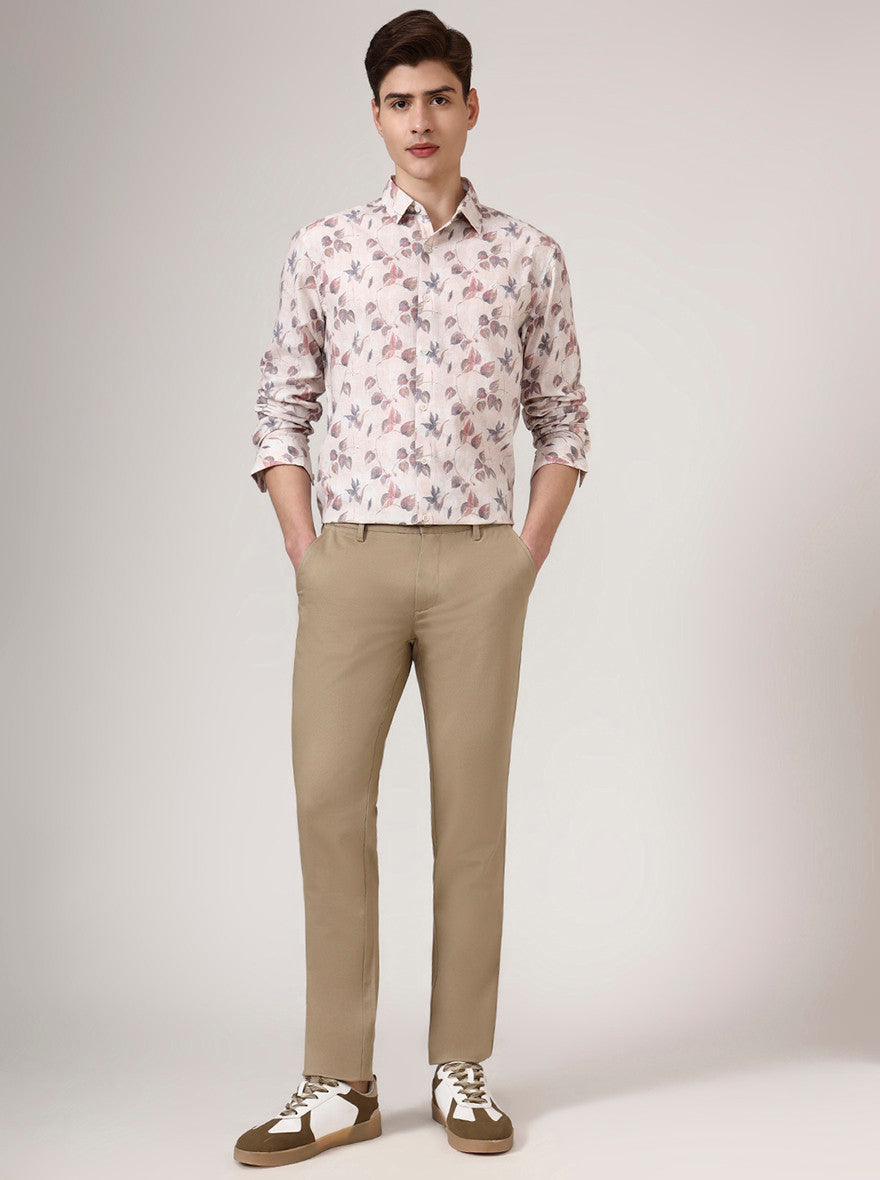 Camel Beige Checked Uno Fit Casual Trouser | JadeBlue