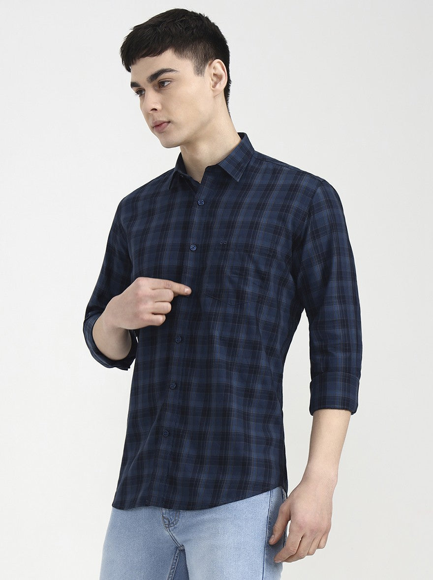 Navy Blue Checked Tailored Fit Semi Casual Shirt | JadeBlue