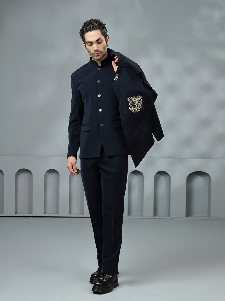 Blue Self Textured Jodhpuri Suit | JadeBlue