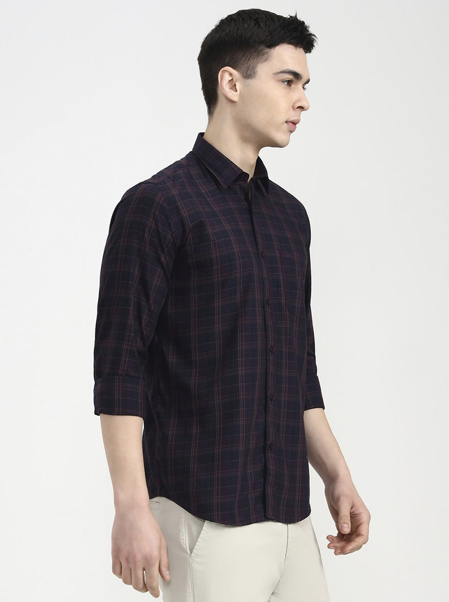 Purple Checked Tailored Fit Semi Casual Shirt | JadeBlue