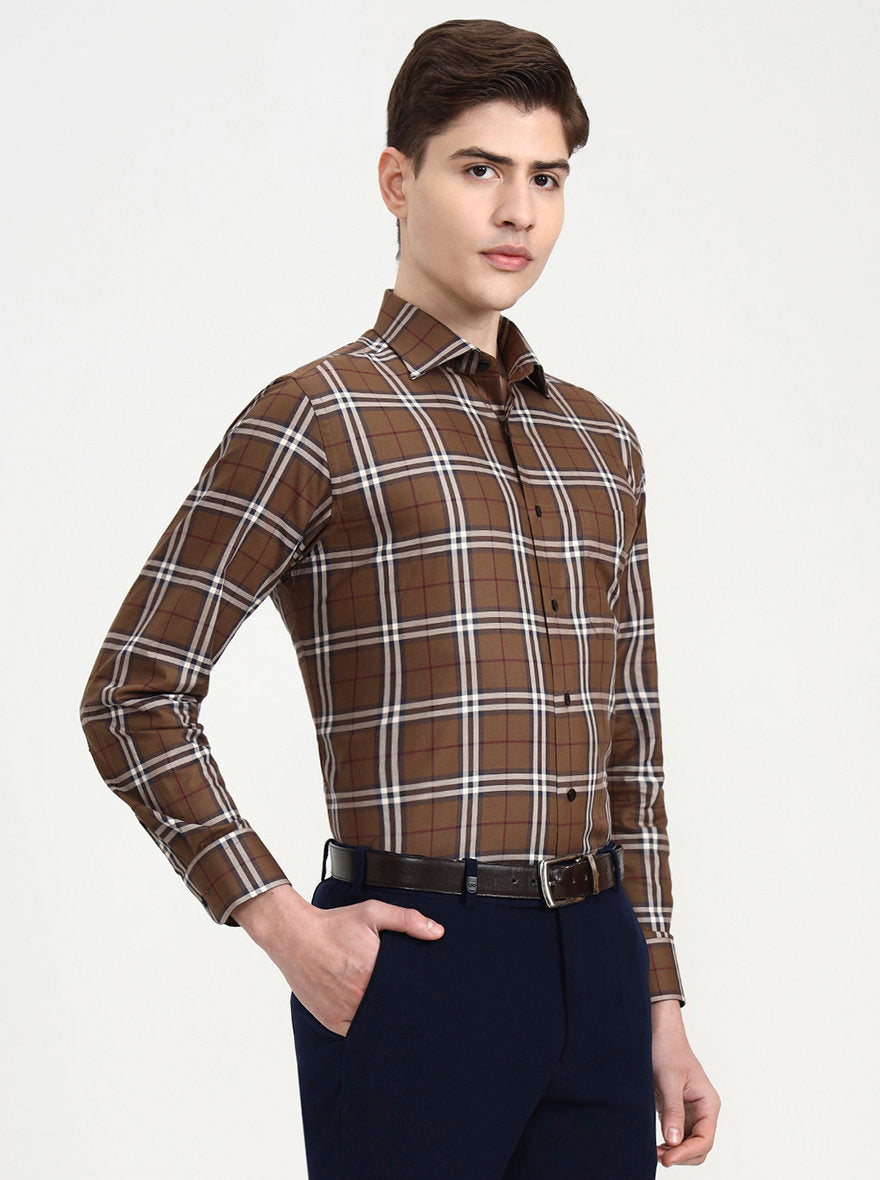 Brown Checked Slim Fit Formal Shirt | Metal