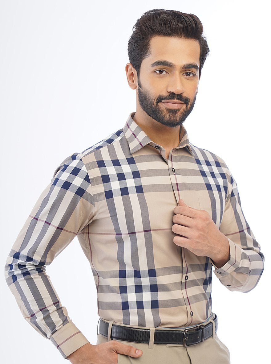 Beige Checked Slim Fit Formal Shirt | Metal