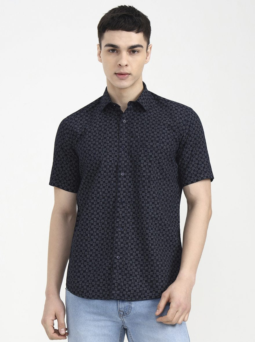 Black Printed Tailored Fit Semi Casual Shirt | JadeBlue