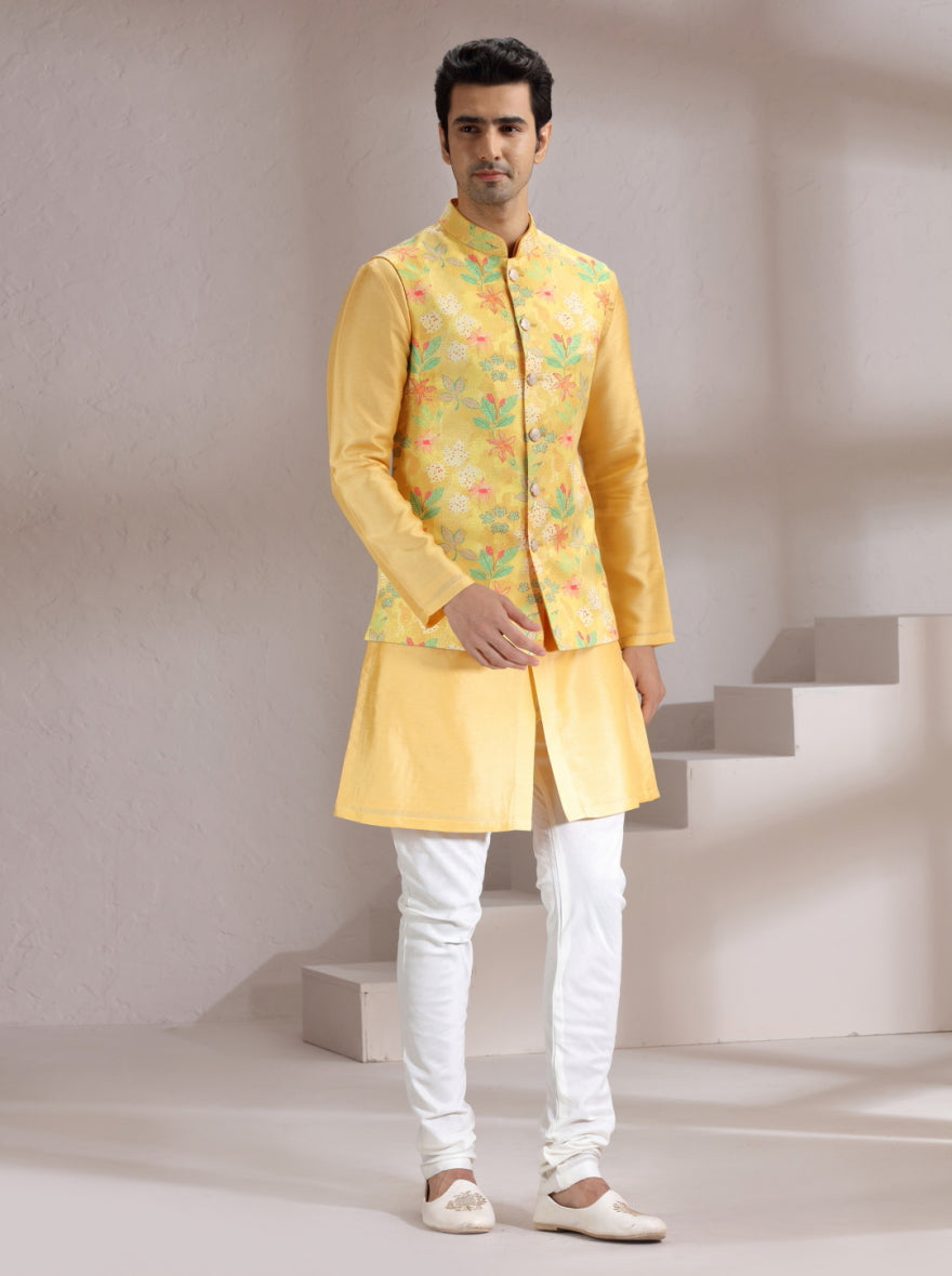 Yellow Printed Bandhgala Jacket | Virasana