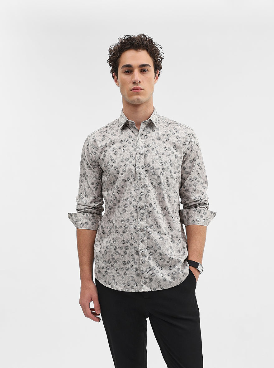 Grey & Black Printed Tailored Fit Semi Casual Shirt | JadeBlue