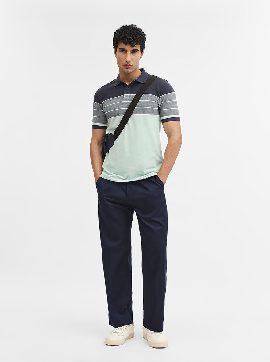Navy Blue & Green Striped Slim Fit Polo T-Shirt | Greenfibre
