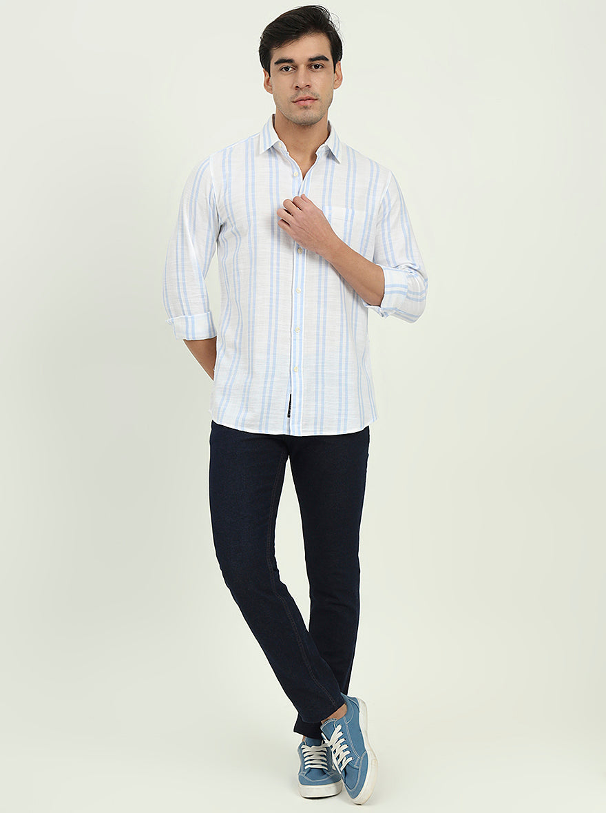 White & Sky Blue Striped Slim Fit Casual Shirt | JadeBlue