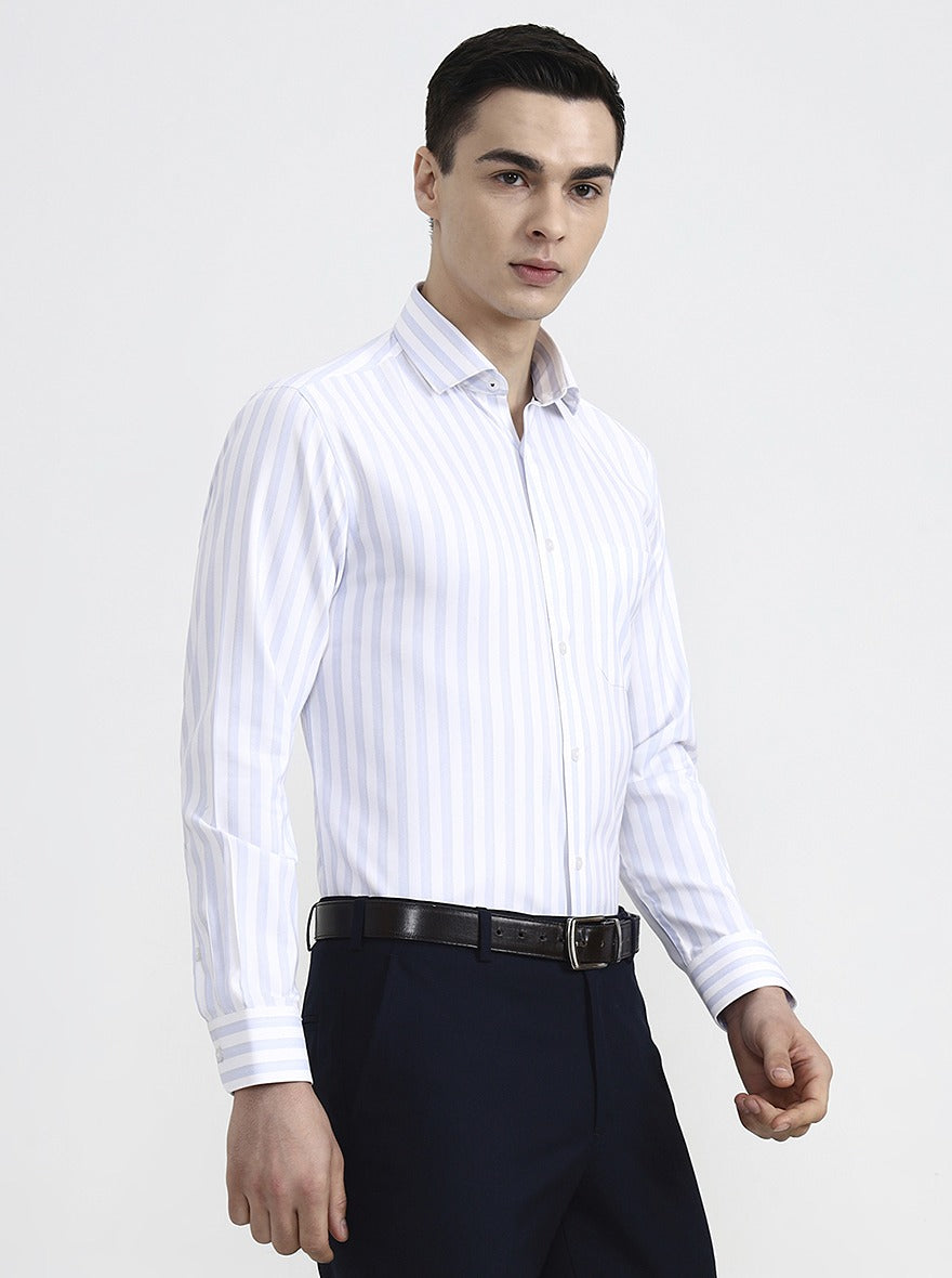 White & Blue Striped Slim Fit Formal Shirt | Greenfibre