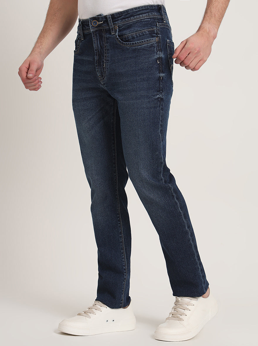 Mid Indigo Blue Washed Straight Fit Jeans | JadeBlue