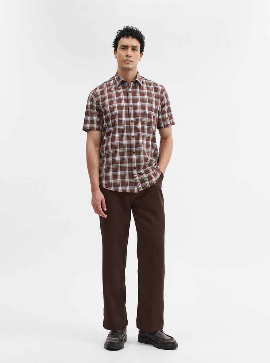 Brown Checked Tailored Fit Semi Casual Shirt | JadeBlue