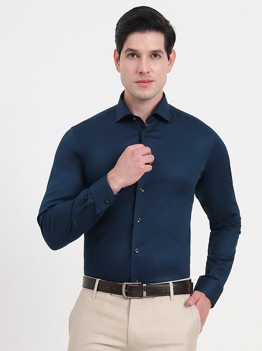 Petrol Blue Solid Slim Fit Party Wear Shirt | Wyre