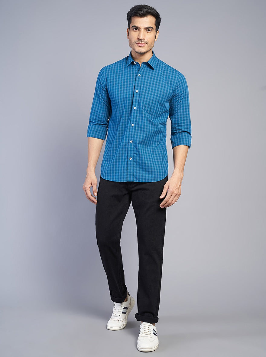 Blue Checked Slim Fit Semi Casual Shirt | JadeBlue