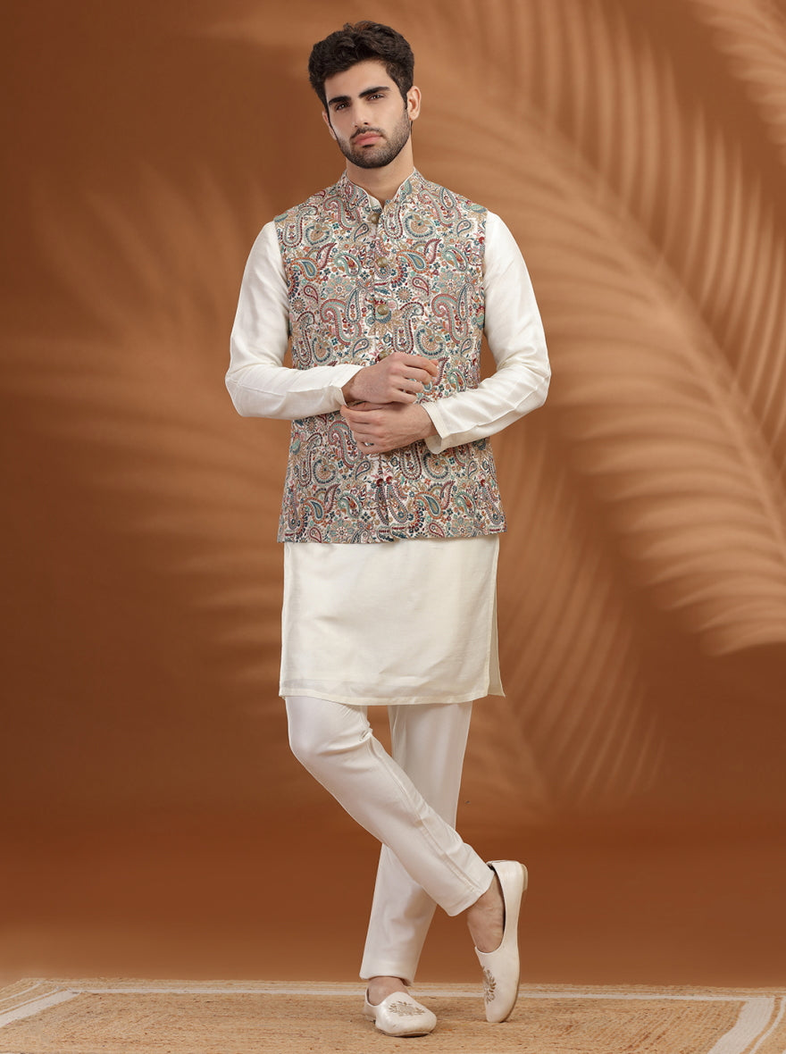 Off White Embroidred Bandhgala Jacket | TULA