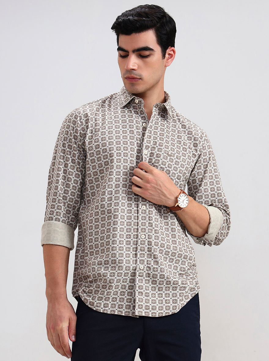 Brown Printed Tailored Fit Semi Casual Shirt | JadeBlue