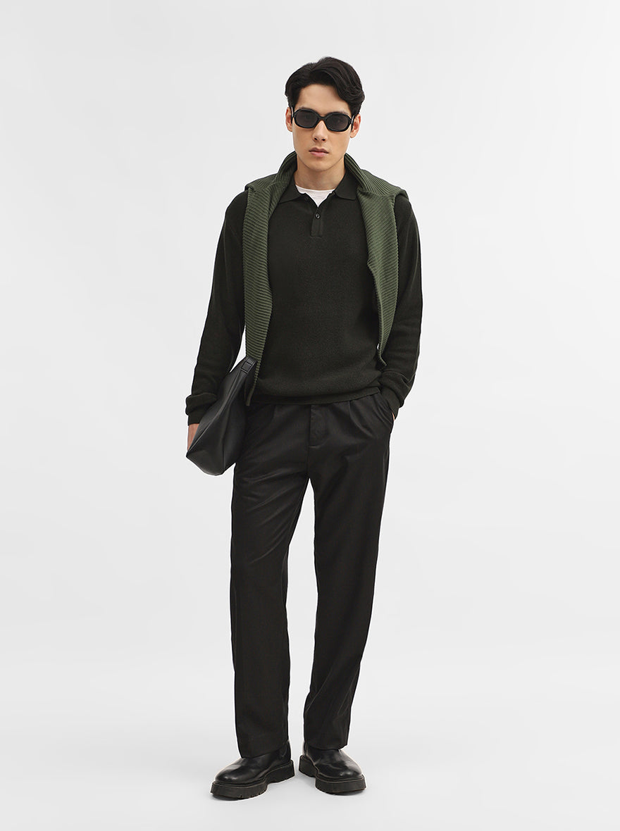 Dark Olive Jacquard Slim Fit Winter T-Shirt | JadeBlue