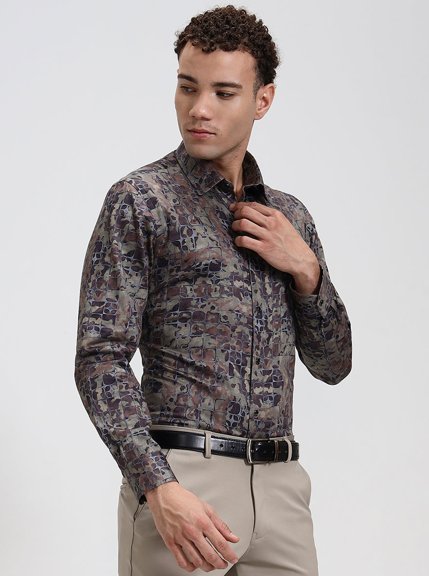 Olive Brown Printed Slim Fit Party Wear Shirt | Wyre