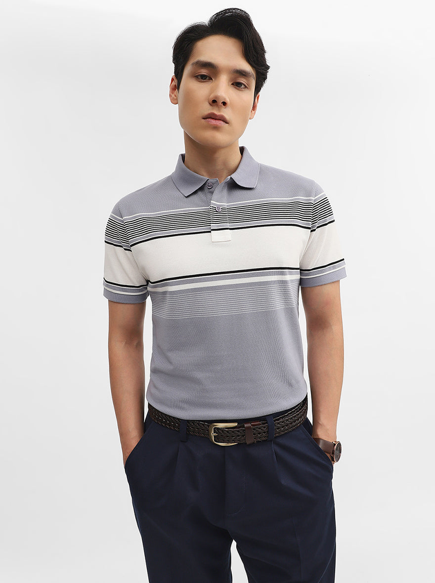 Light Grey Striped Slim Fit Polo T-Shirt | JadeBlue