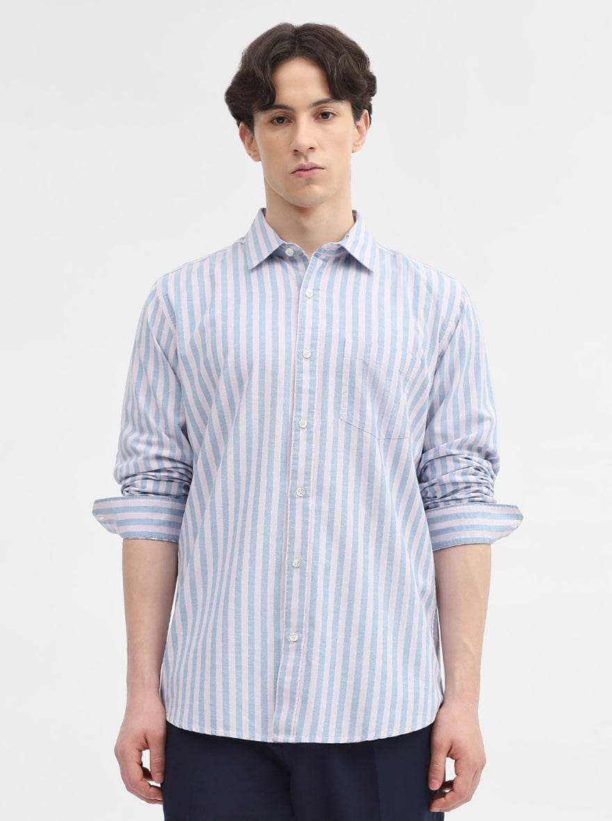 Blue & White Striped Slim Fit Casual Shirt | JadeBlue