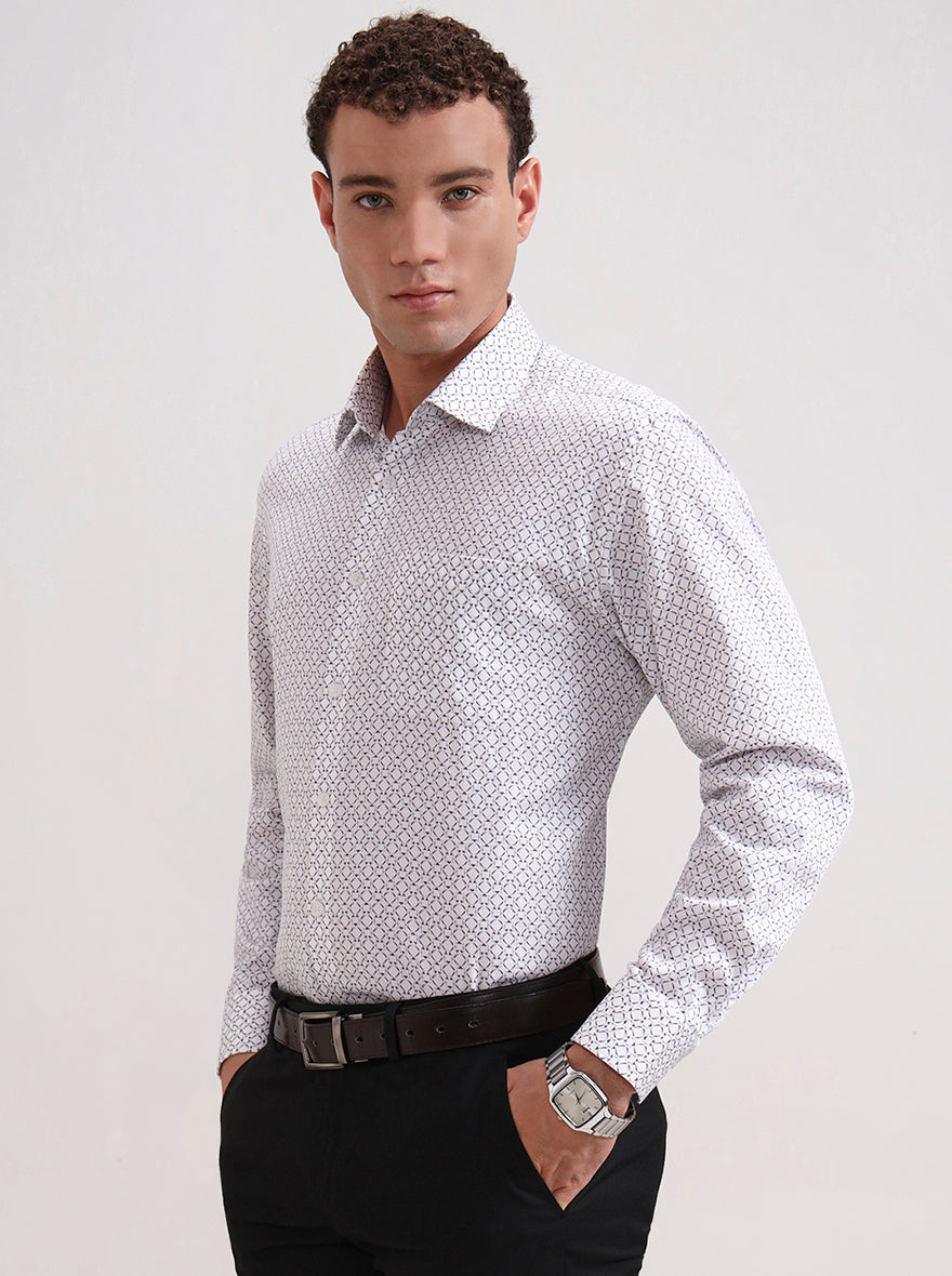White & Grey Printed Regular Fit Formal Shirt | JadeBlue