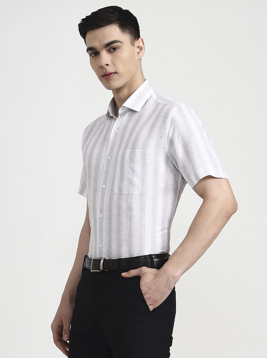 White & Grey Striped Slim Fit Formal Shirt | JadeBlue
