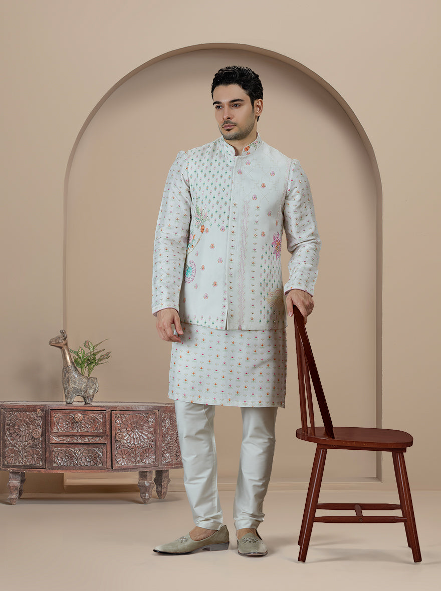 Off White Printed Kurta Pajama with Koti | TULA