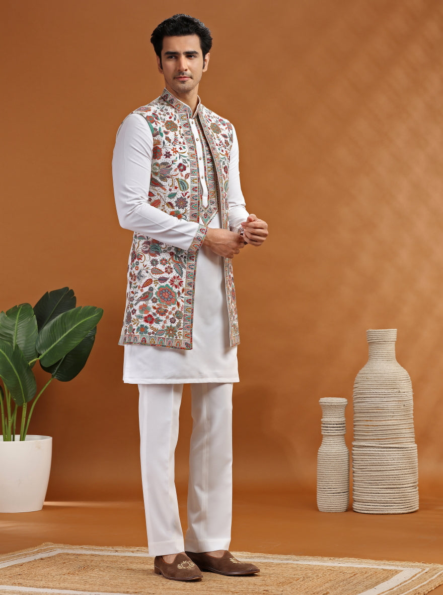 Cream Embroidered Kurta Pajama with Koti | TULA