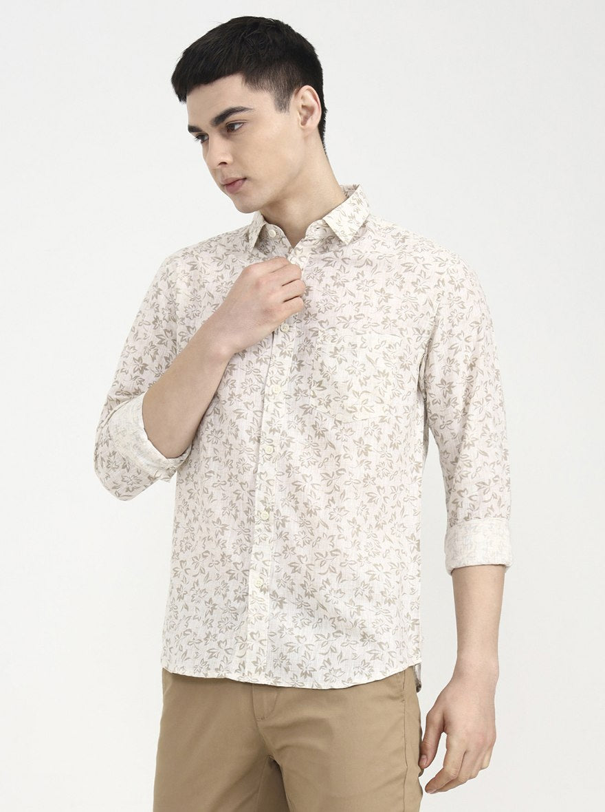 Beige Printed Slim Fit Casual Shirt | Greenfibre