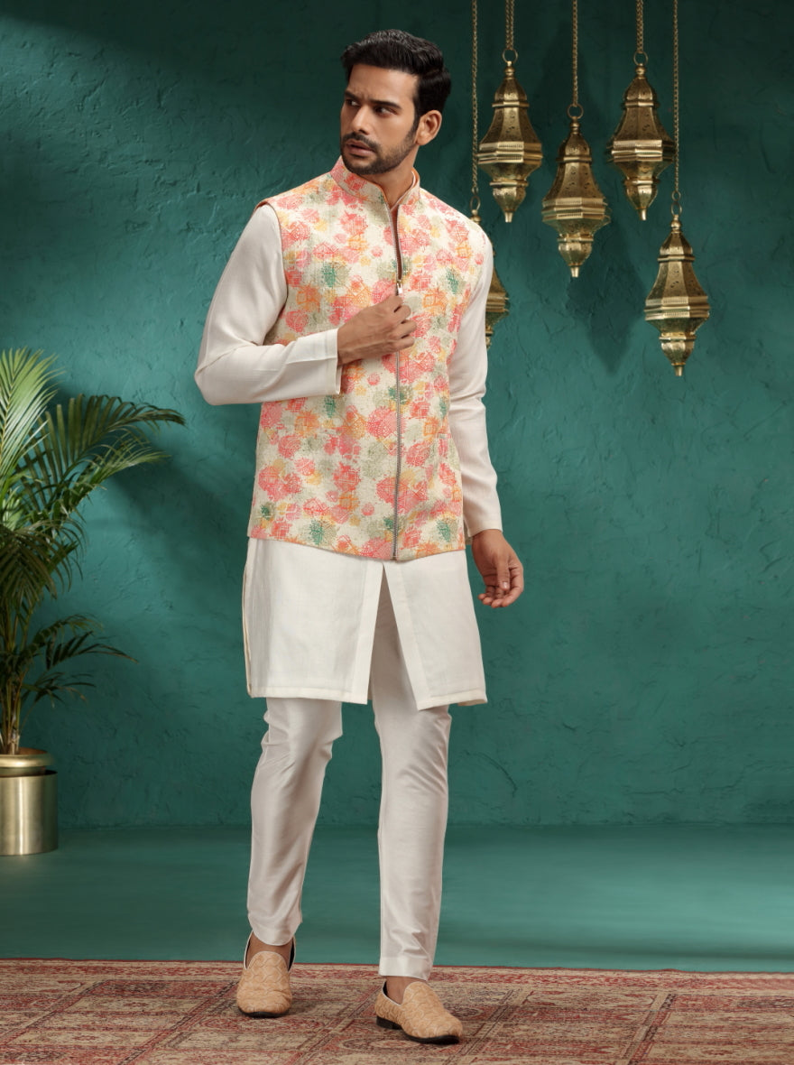 Dusty Pink Printed Kurta Pajama with Koti | Virasana