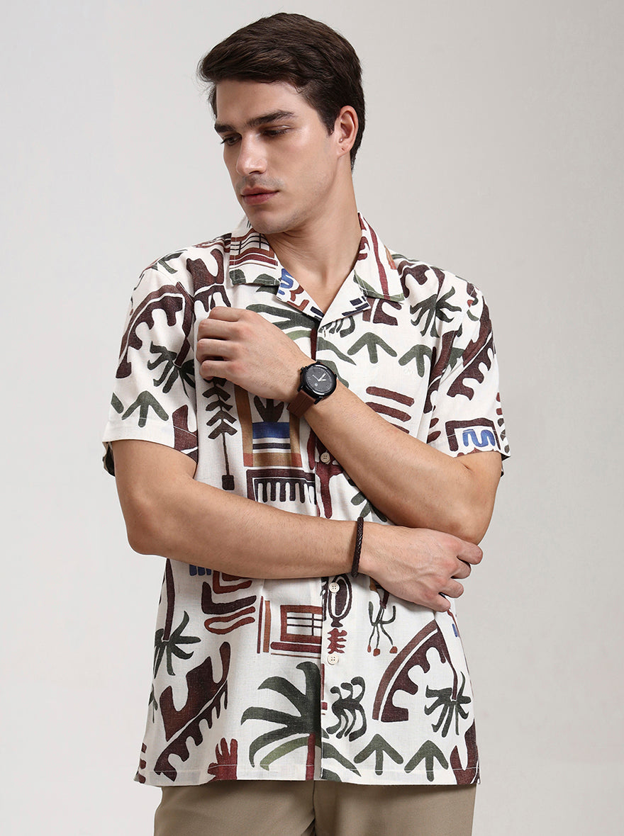 Beige Printed Slim Fit Casual Shirt | JadeBlue
