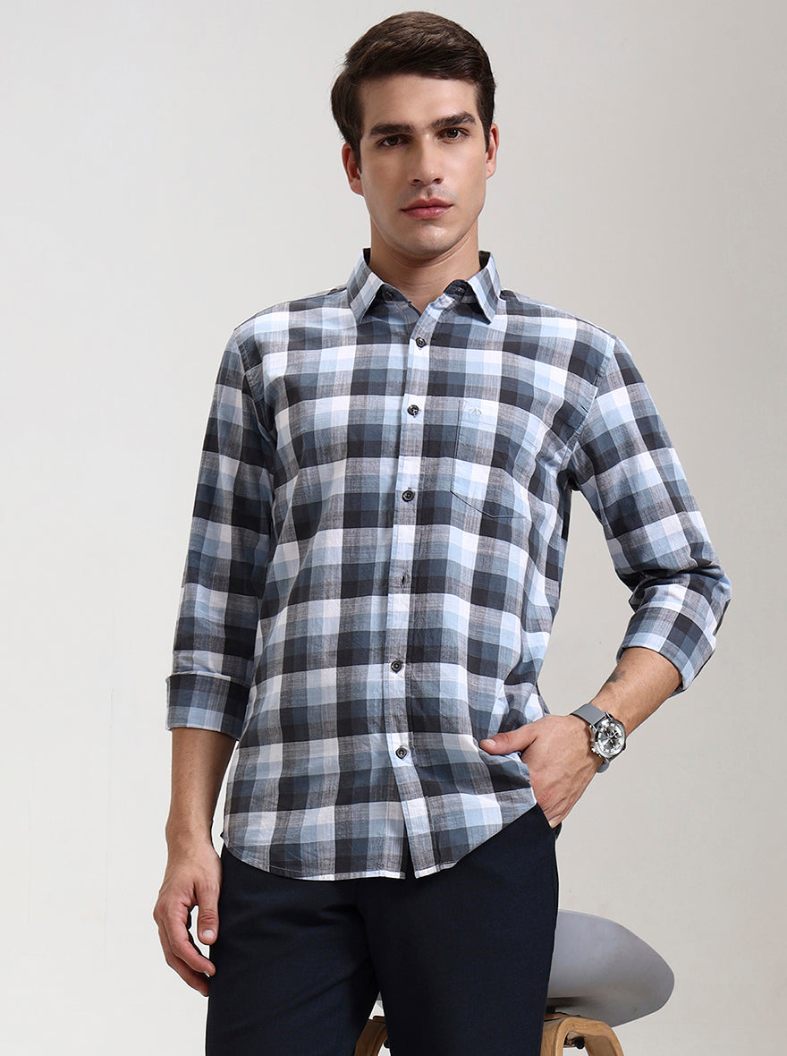 Sky Blue Checked Slim Fit Casual Shirt | JadeBlue