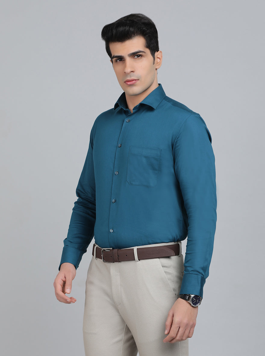 Peacock Blue Solid Slim Fit Party Wear Shirt | Greenfibre