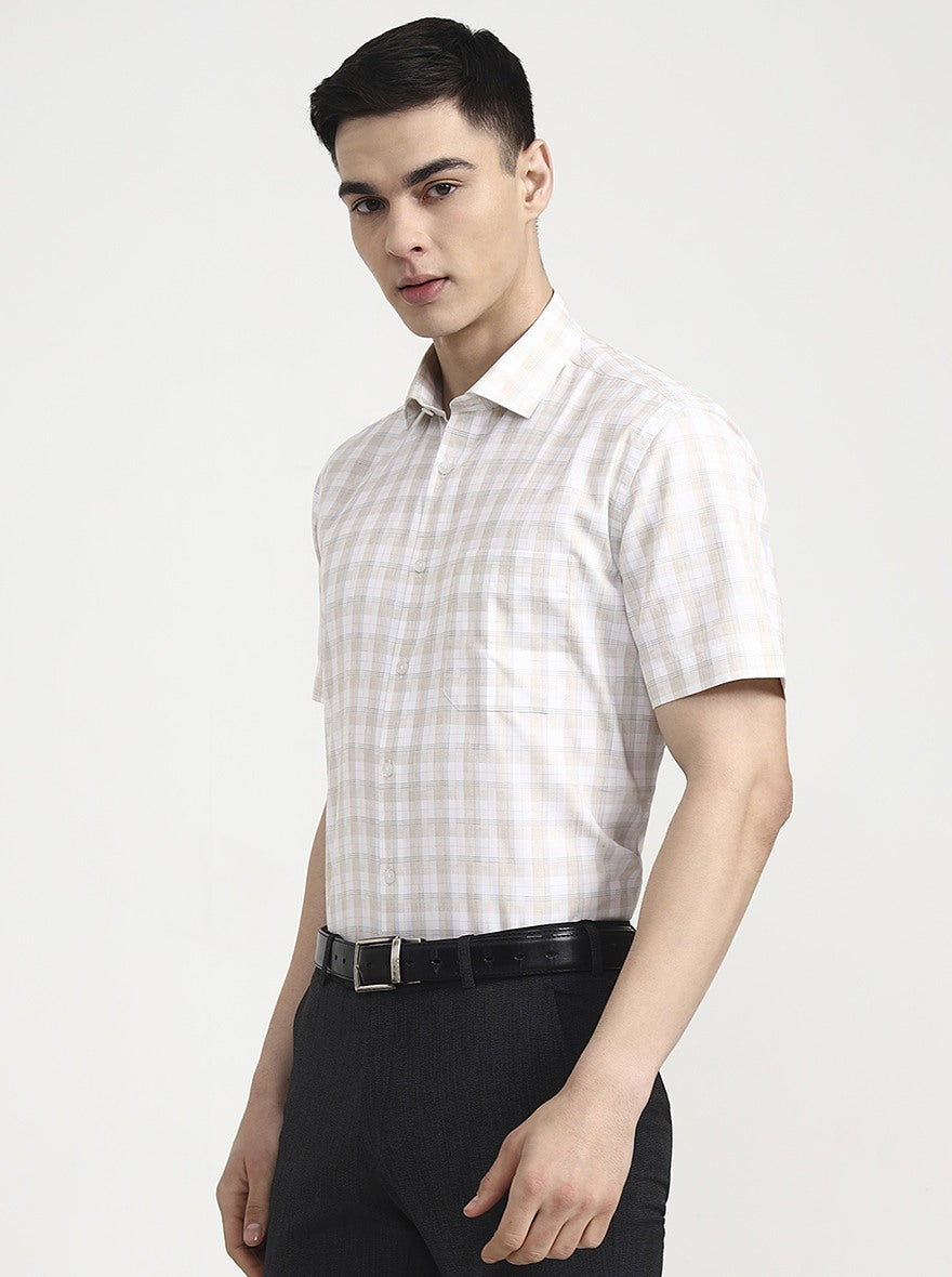 White & Cream Checked Regular Fit Formal Shirt | Greenfibre