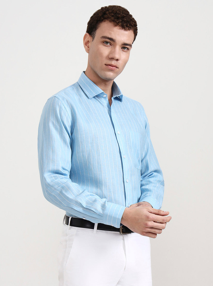 Sky Blue Striped Slim Fit Formal Shirt | JadeBlue