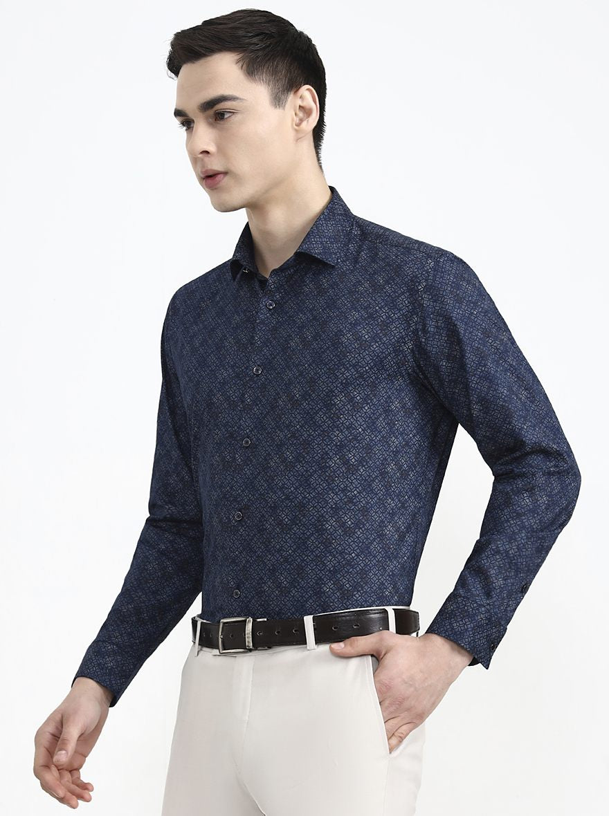 Blue Printed Slim Fit Party Wear Shirt | Greenfibre