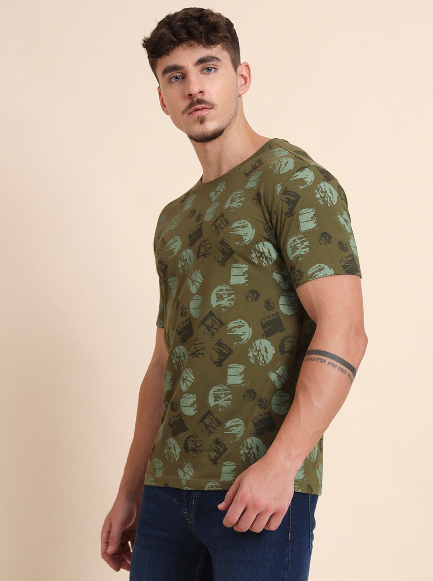 Olive Grey Printed Slim Fit T-Shirt | Greenfibre