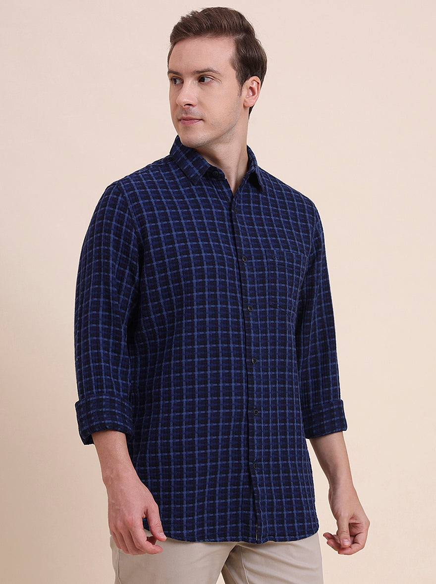 Navy Blue Checked Slim Fit Casual Shirt | JadeBlue