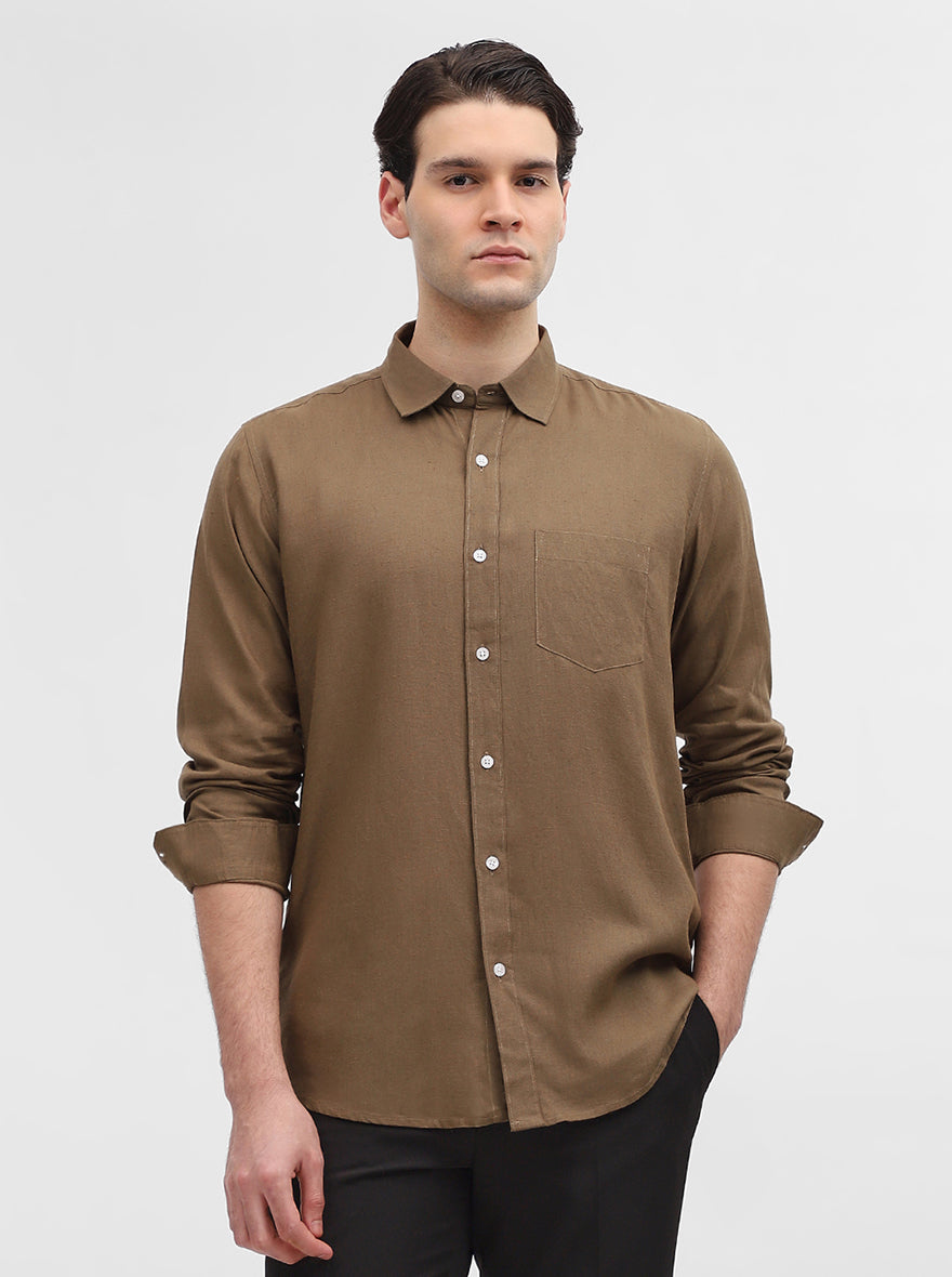Dark Olive Solid Slim Fit Casual Shirt | JadeBlue