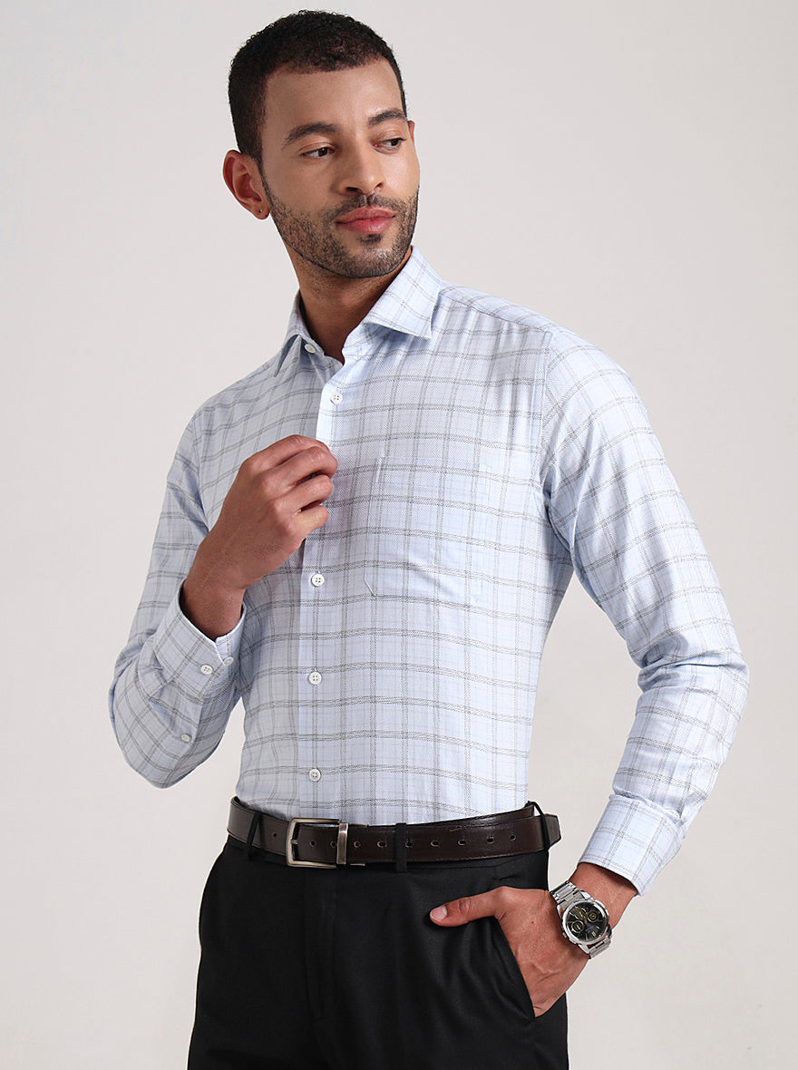 Sky Blue & White Checked Slim Fit Formal Shirt | JadeBlue Super Luxe