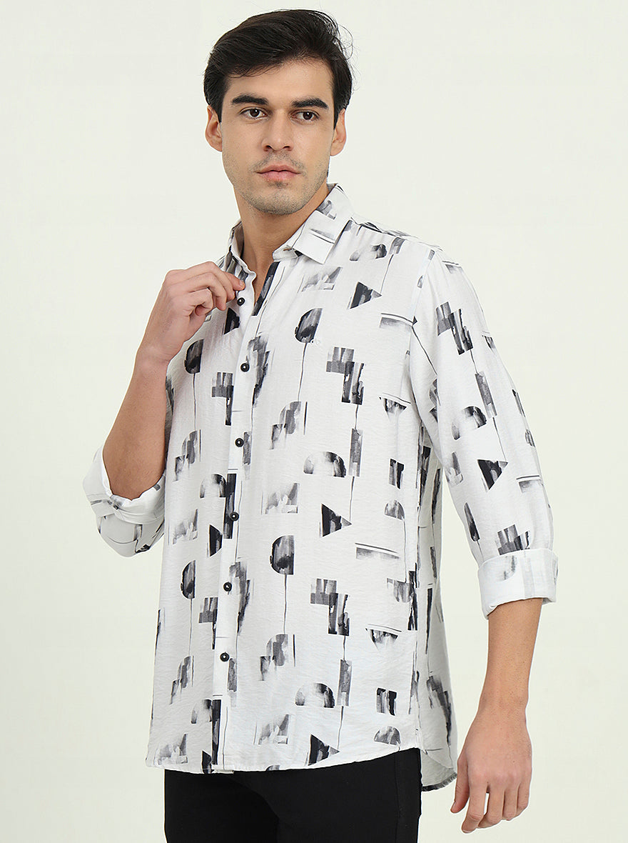 Grey & Black Printed Slim Fit Casual Shirt | JadeBlue