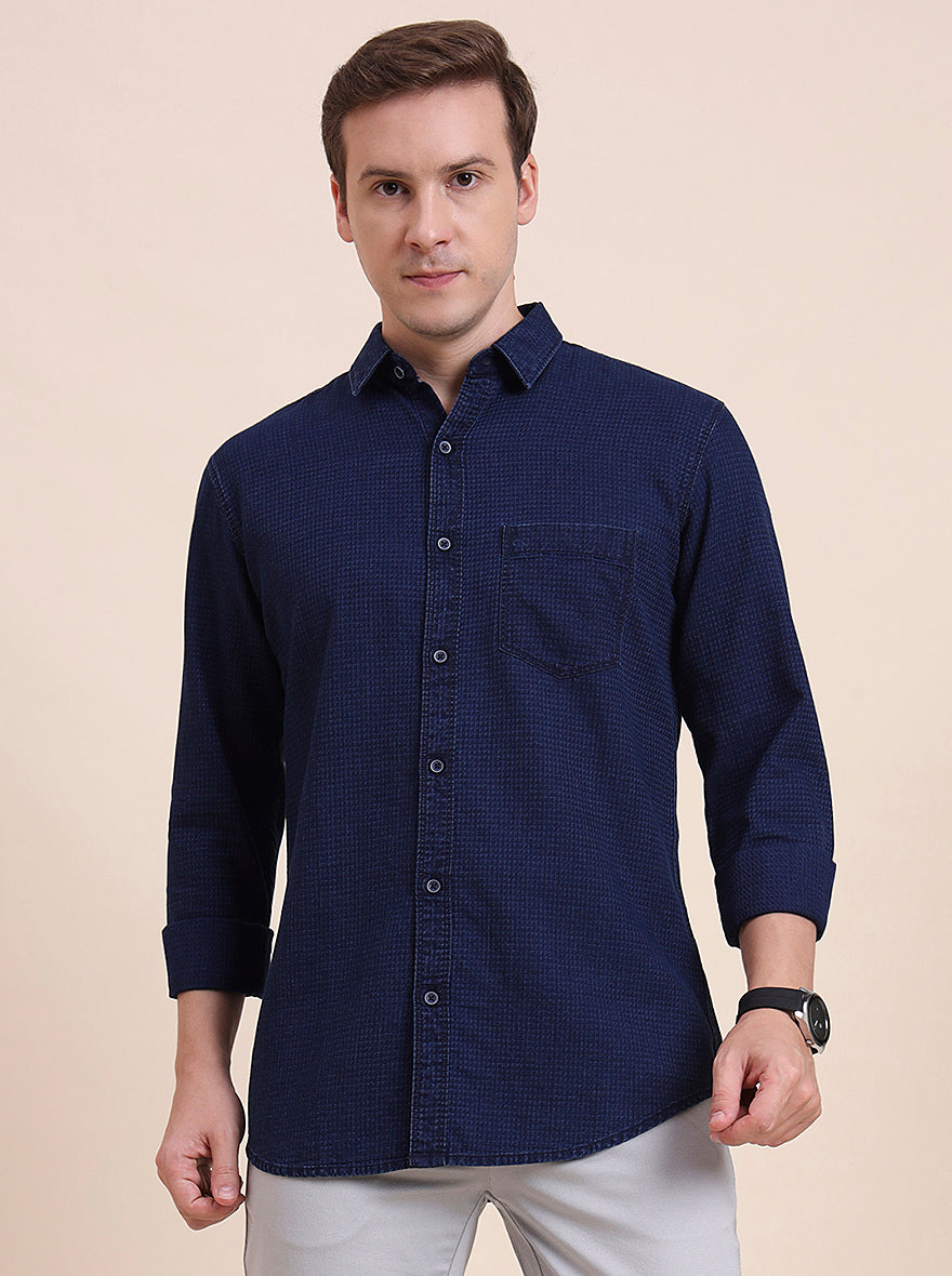 Navy Blue Solid Slim Fit Casual Shirt | JadeBlue