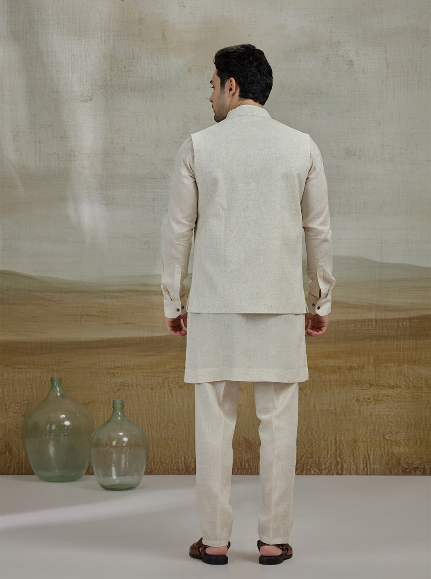 Cream Embroidered Kurta Pajama with Koti | TULA