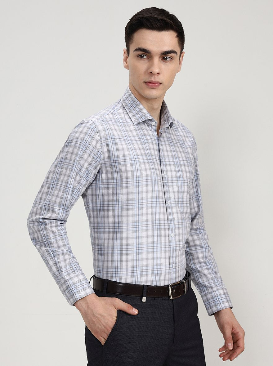 White & Sky Blue Checked Slim Fit Formal Shirt | Metal