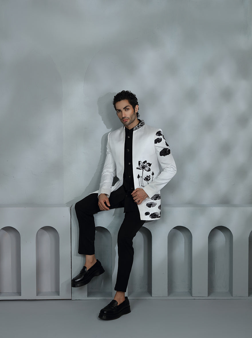 White & Black Printed Jodhpuri Suit | TULA