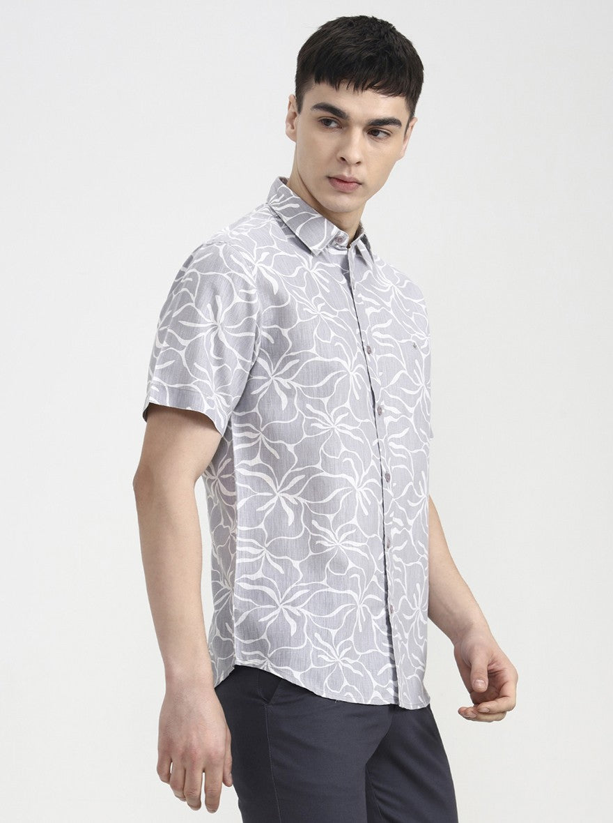 Grey Printed Slim Fit Casual Shirt | Greenfibre