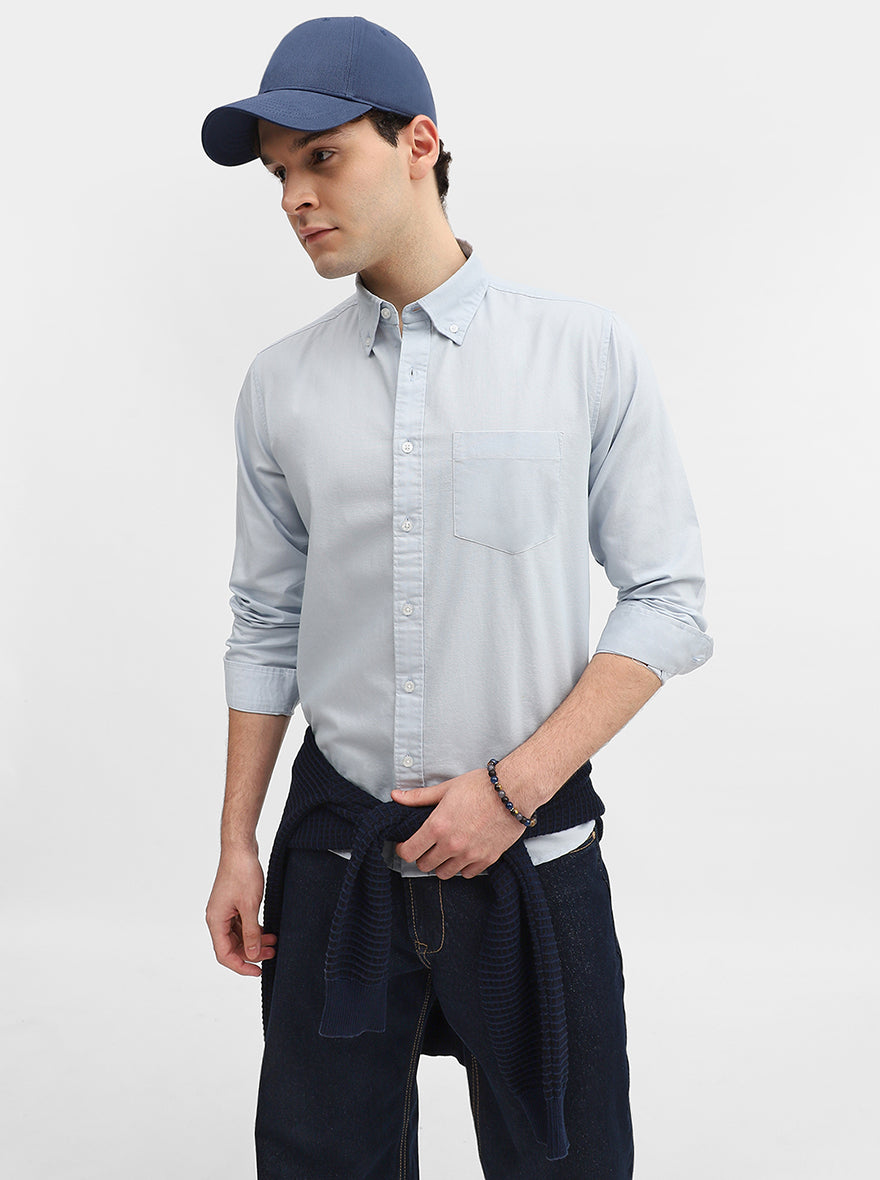 Blue Solid Slim Fit Casual Shirt | Greenfibre