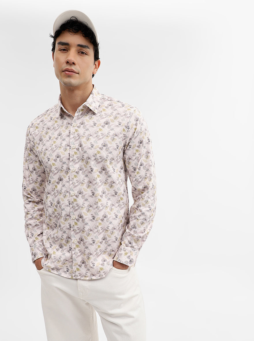 Cream Printed Slim Fit Casual Shirt | Greenfibre