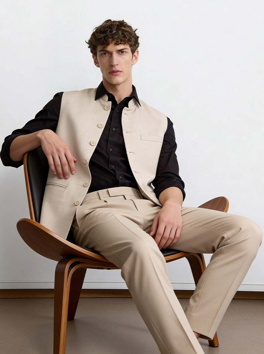 Beige Solid Waistcoat | Greenfibre