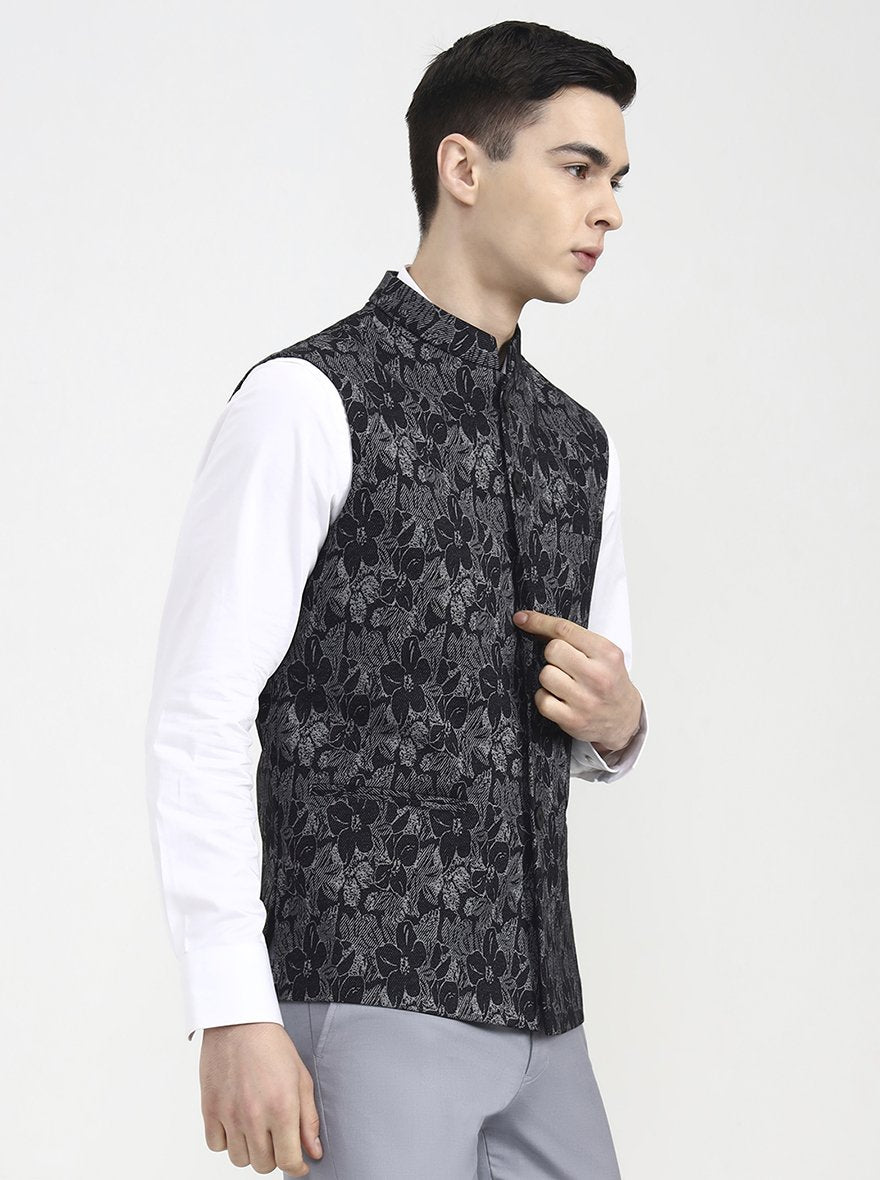 Black Printed Regular Fit Waistcoat | Wyre