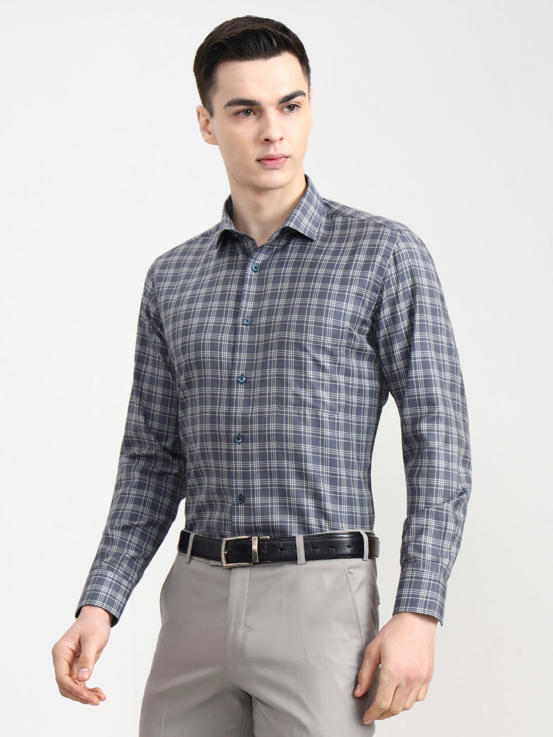 Dark Blue Checked Slim Fit Formal Shirt | Greenfibre