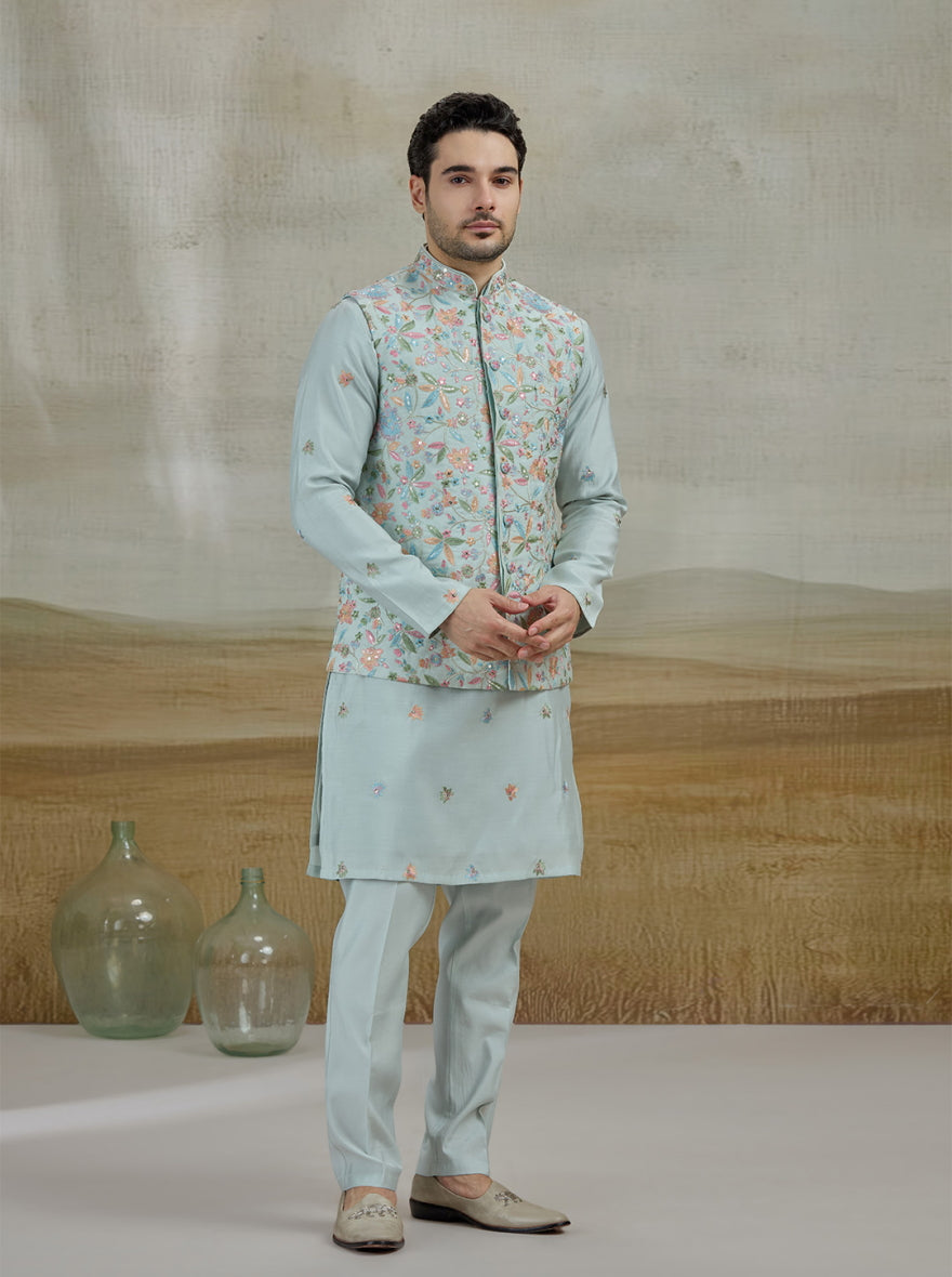 Sky Blue Embroidered Kurta Pajama with Koti | Virasana